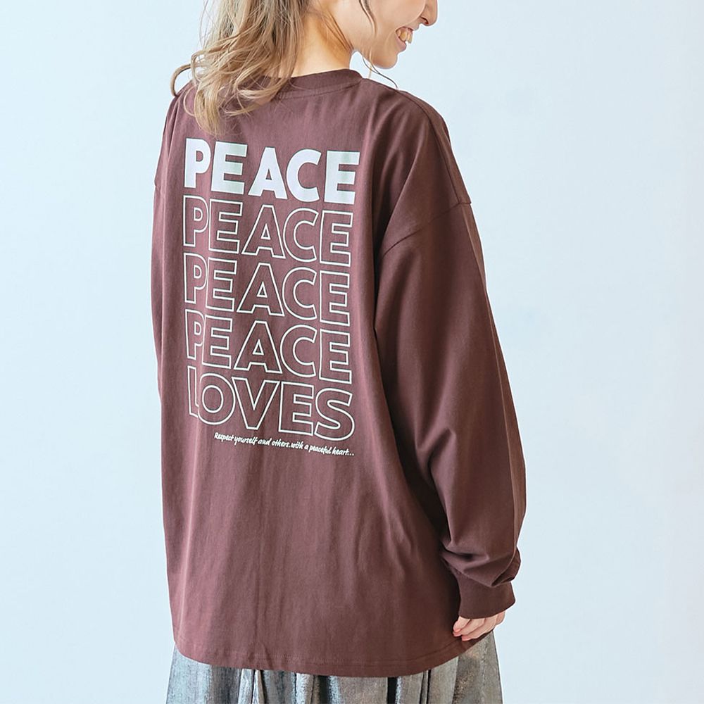 100%棉 BIG感印花長袖上衣(大人)-PEACE-咖啡