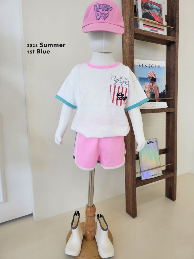 韓國 First Blue - 圓領純棉口袋短袖上衣-爆米花兔兔-黑X綠X黃