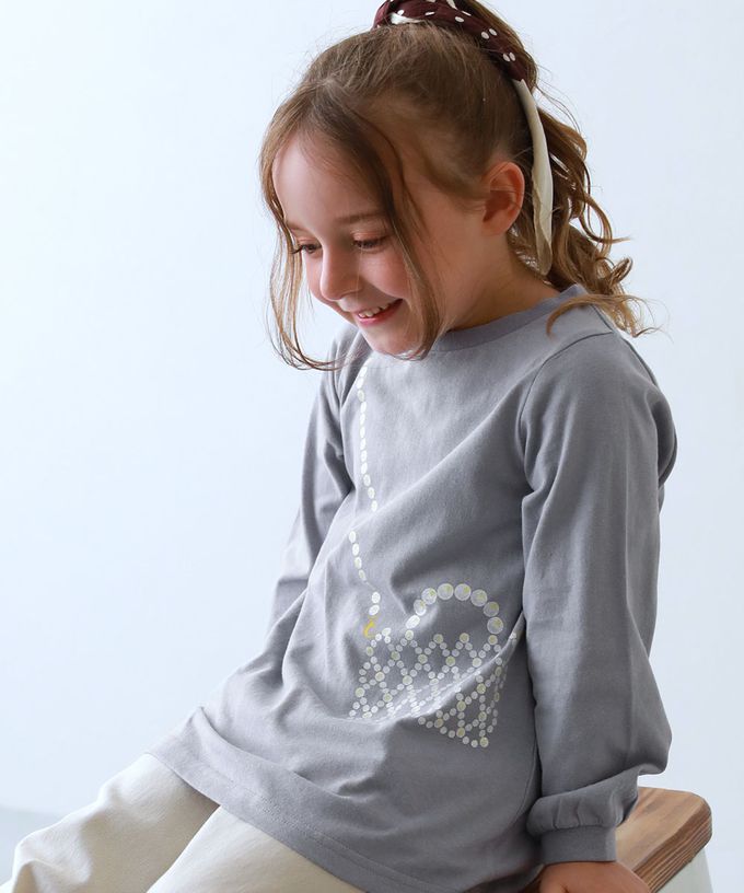 日本 devirock - 100%棉 女孩印花微長版上衣-馬卡龍-灰白