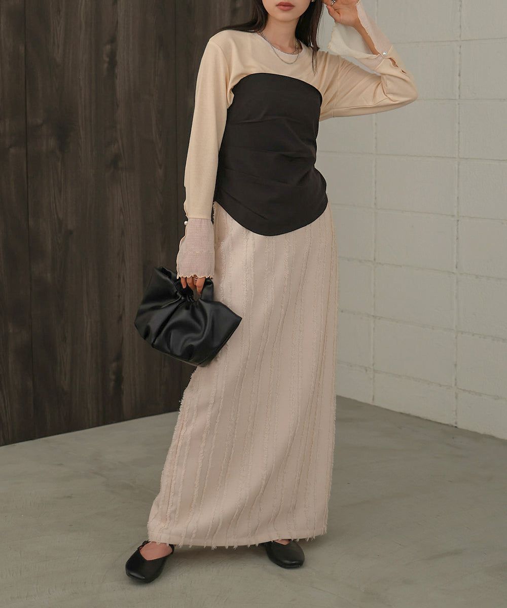 日本 Bab - 楊柳拼接珍珠薄長袖上衣-米杏