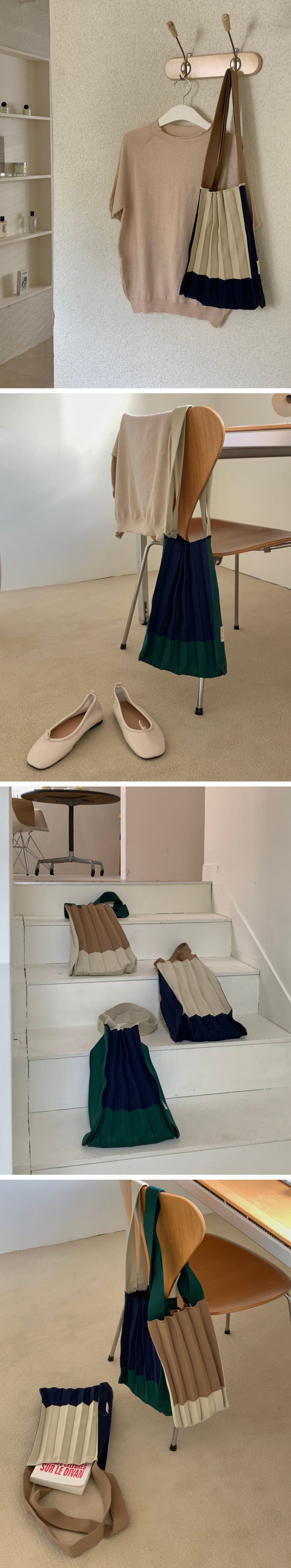 韓國 SOPHIENBONNE - 配色彈性針織褶手提/肩背包-深藍X米 (M)