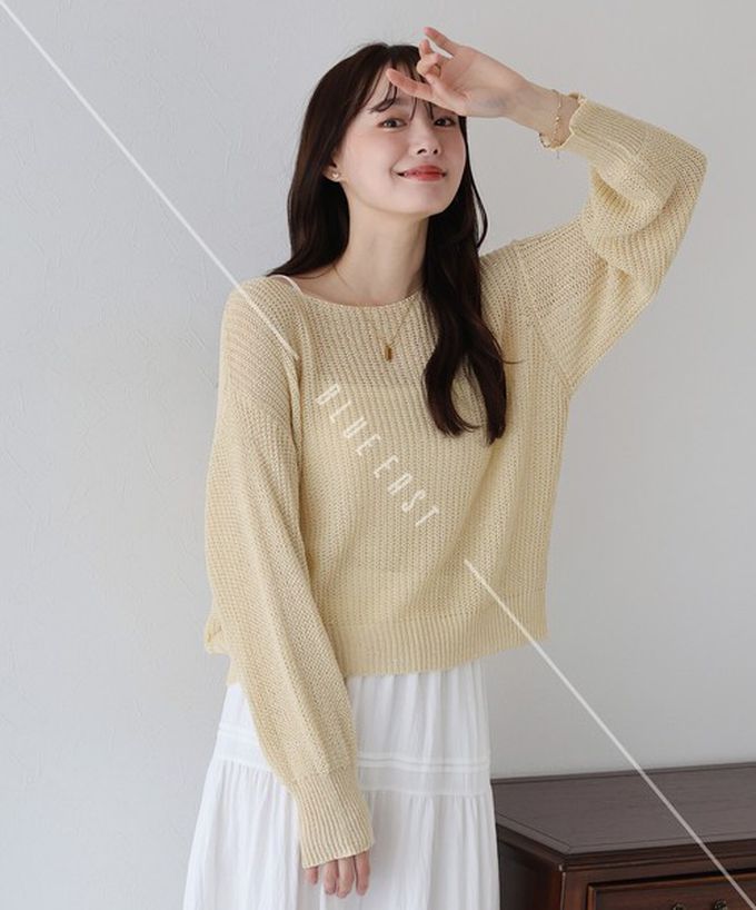 日本 BLUE EAST - 典雅船領閃爍亮片網眼針織上衣-粉紅