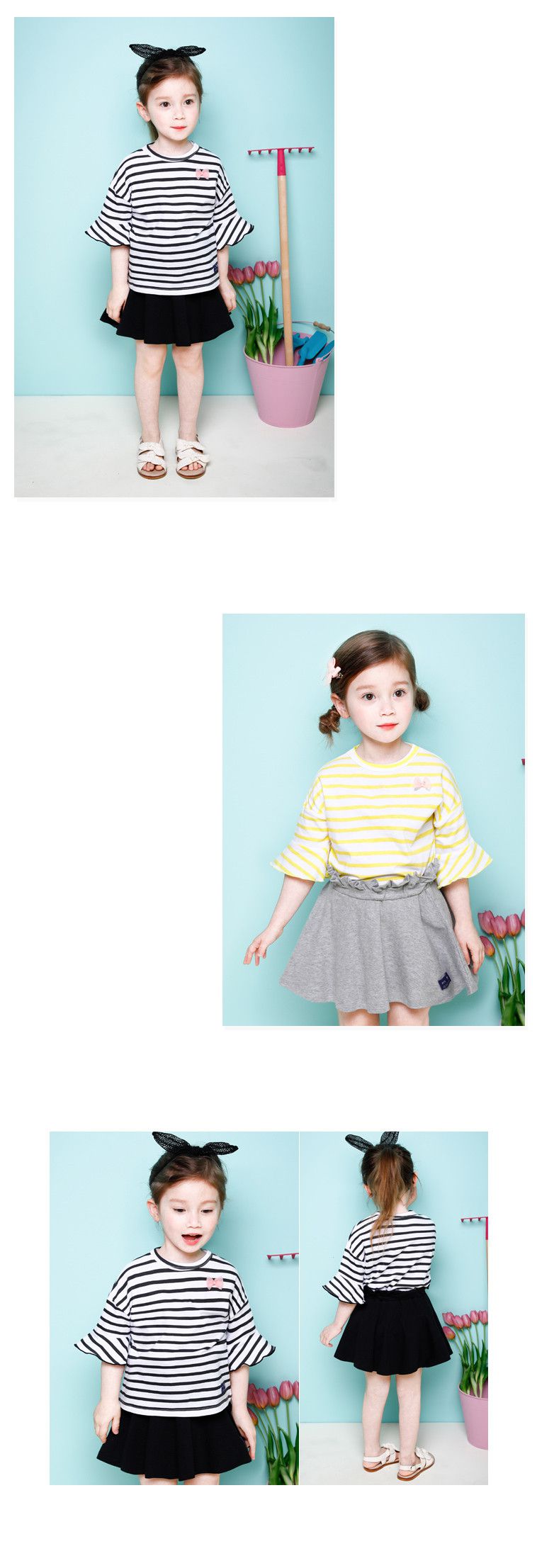 韓國 Jelispoon - 荷葉條紋上衣花苞裙套裝-黑