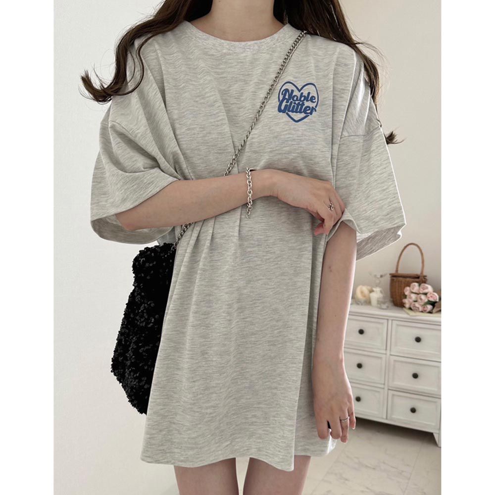 立體酷心型印花長版T恤-燕麥灰 (F)