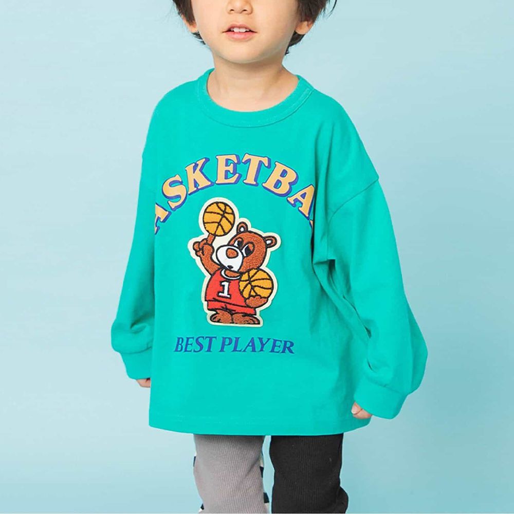 童趣立體刺繡長袖上衣-籃球熊熊-綠