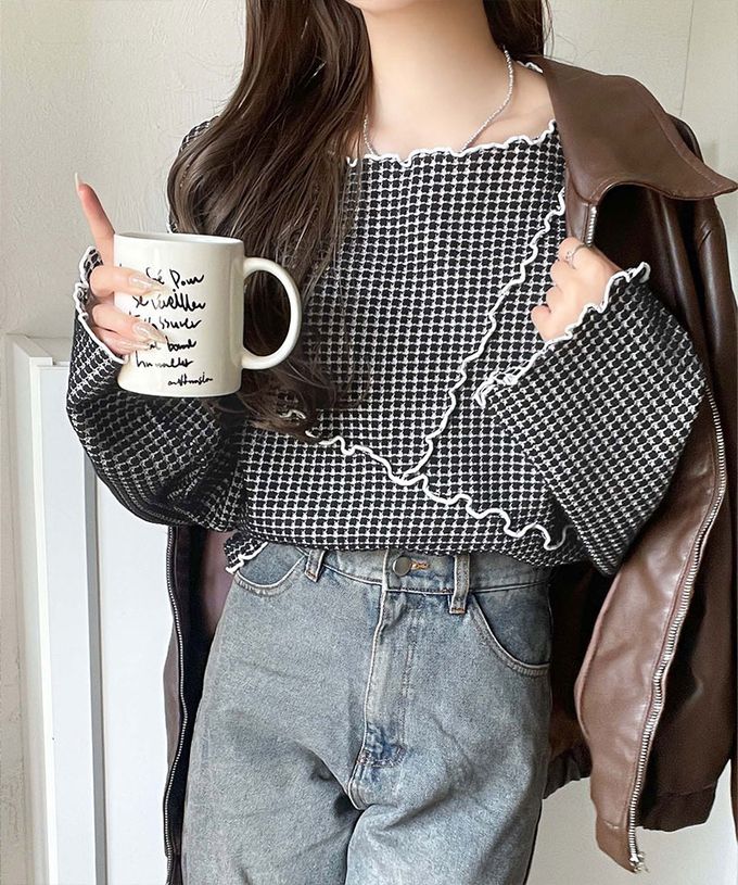 日本 Classical Elf - 2way華夫格木耳捲邊浪漫長袖上衣-黑白