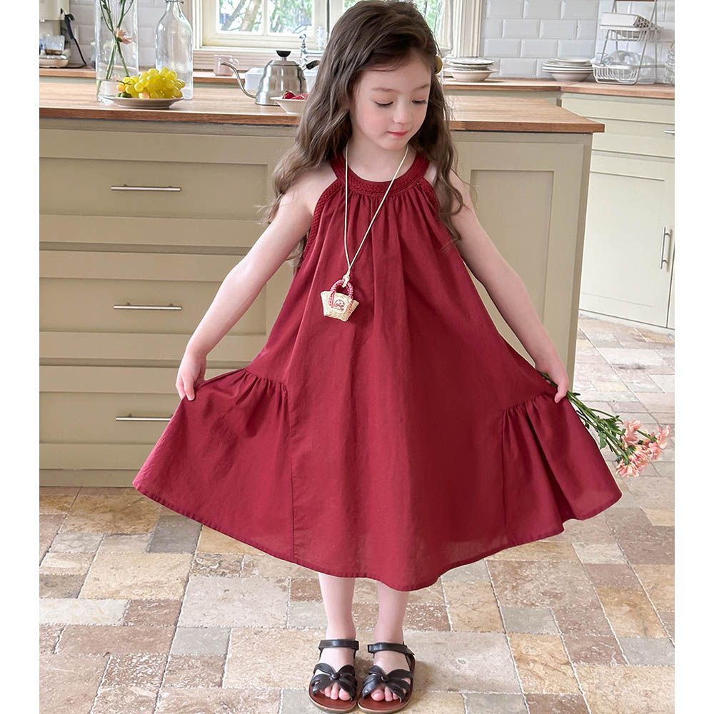 微削肩無袖中長版洋裝-編織滾邊-酒紅色