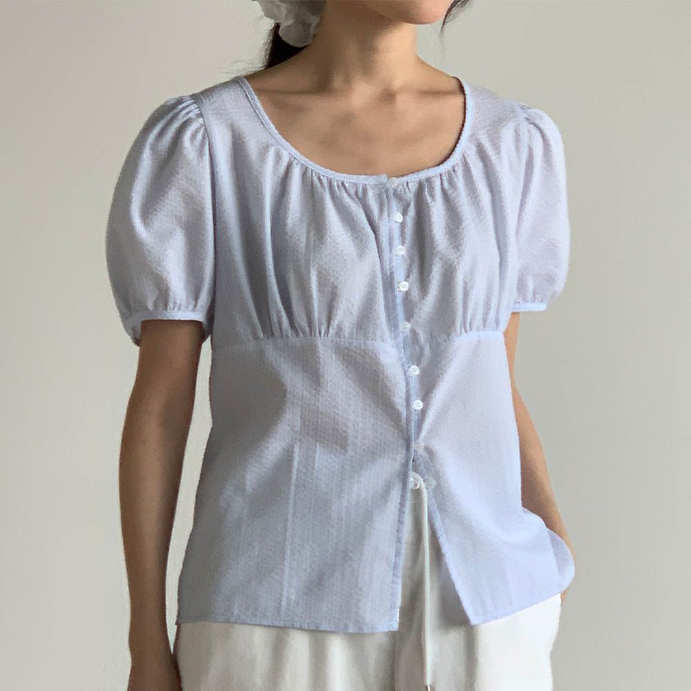 輕夏泡泡紗小釦公主袖襯衫-天藍 (FREE)