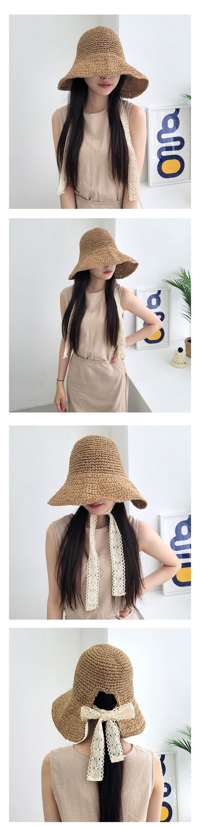 韓國 Soo&Soo - 蕾絲緞帶裝飾編織遮陽帽-奶茶咖