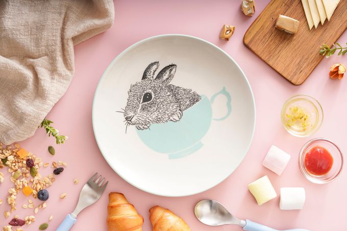 BLOOMINGVILLE - 北歐森林.兔來運轉系列-小碗二入（一藍一粉）： 直徑11.5 x 高6.5 cm  餐盤二入（一藍一粉）： 直徑 21 x 高 2 cm