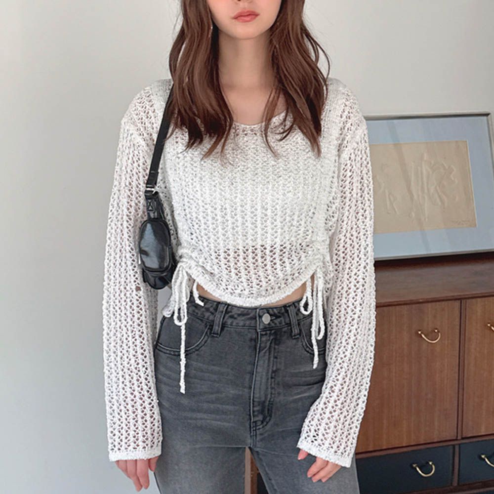 閃亮洞洞針織美型皺摺長袖上衣-白 (F)