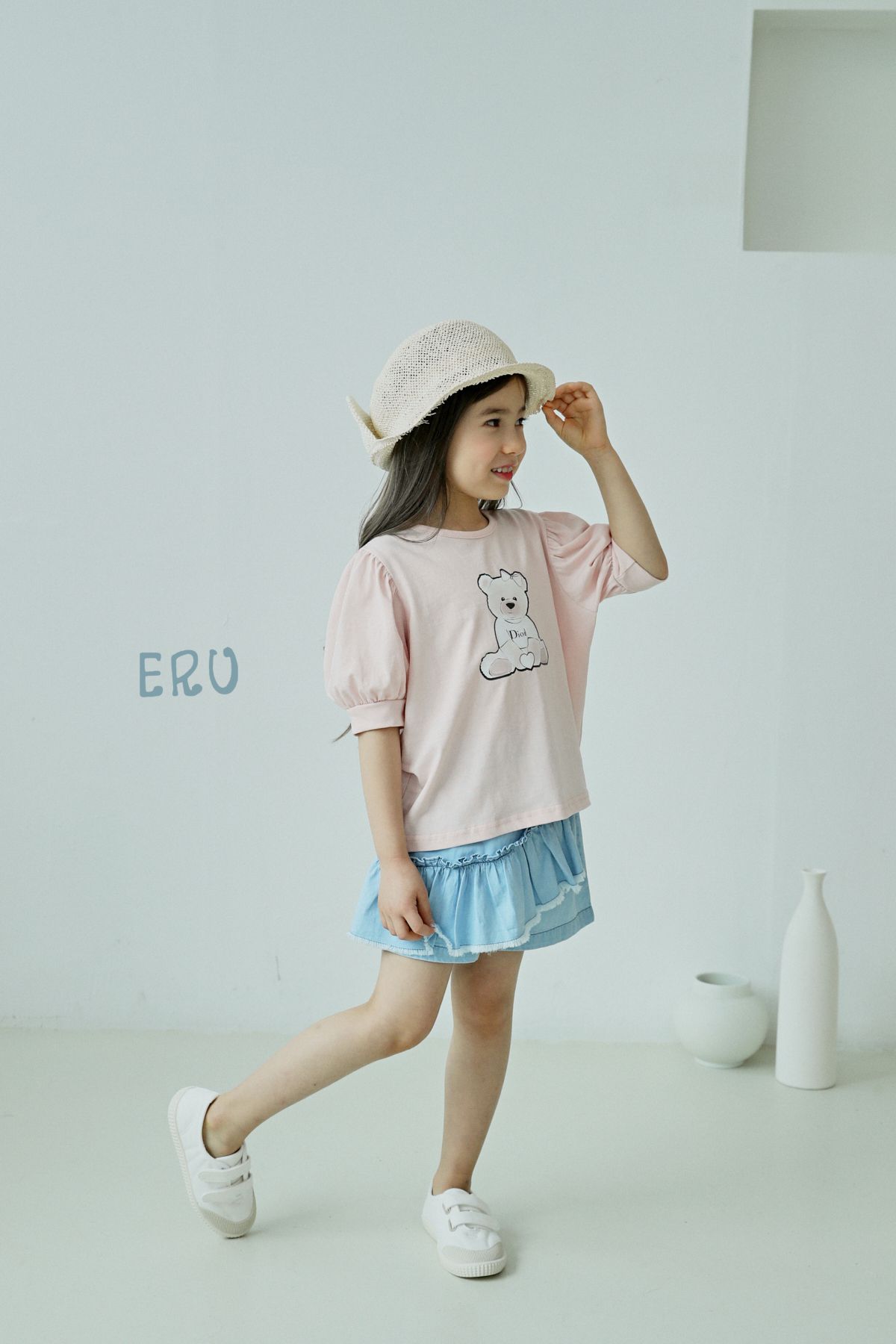 韓國 ERU - 斜邊荷葉裝飾牛仔褲裙