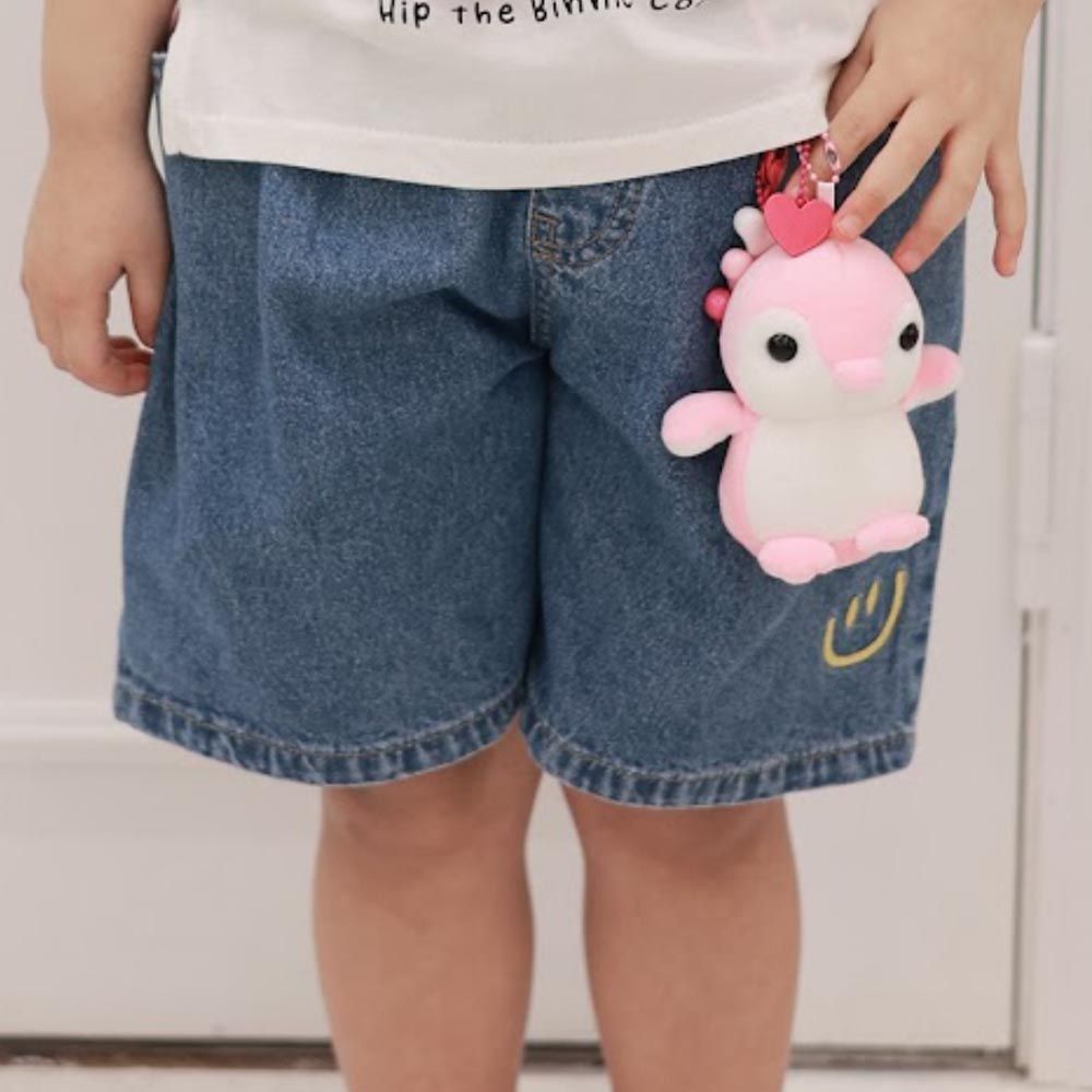 韓國 Coco rabbit - 鬆緊腰裝飾笑臉牛仔短褲-粉紅企鵝