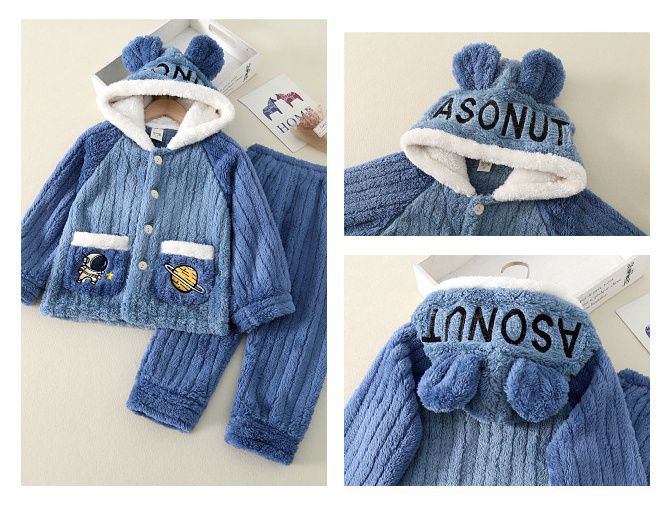 法蘭絨兒童造型長袖睡衣-太空人+星球-藍色