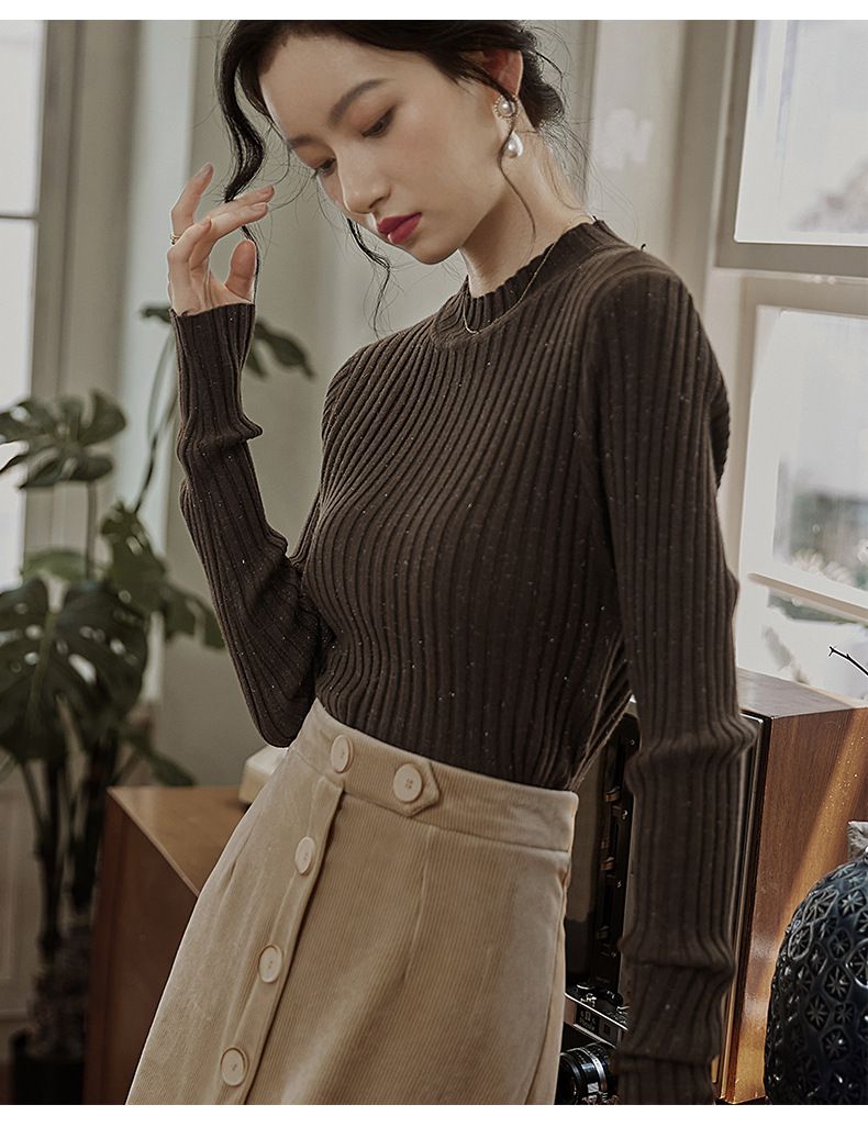 優雅百搭坑條修身針織上衣-咖啡色