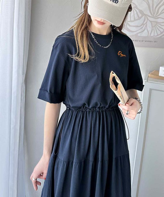 日本 Classical Elf - 簡約logo刺繡 腰抽繩分層短袖洋裝-黑