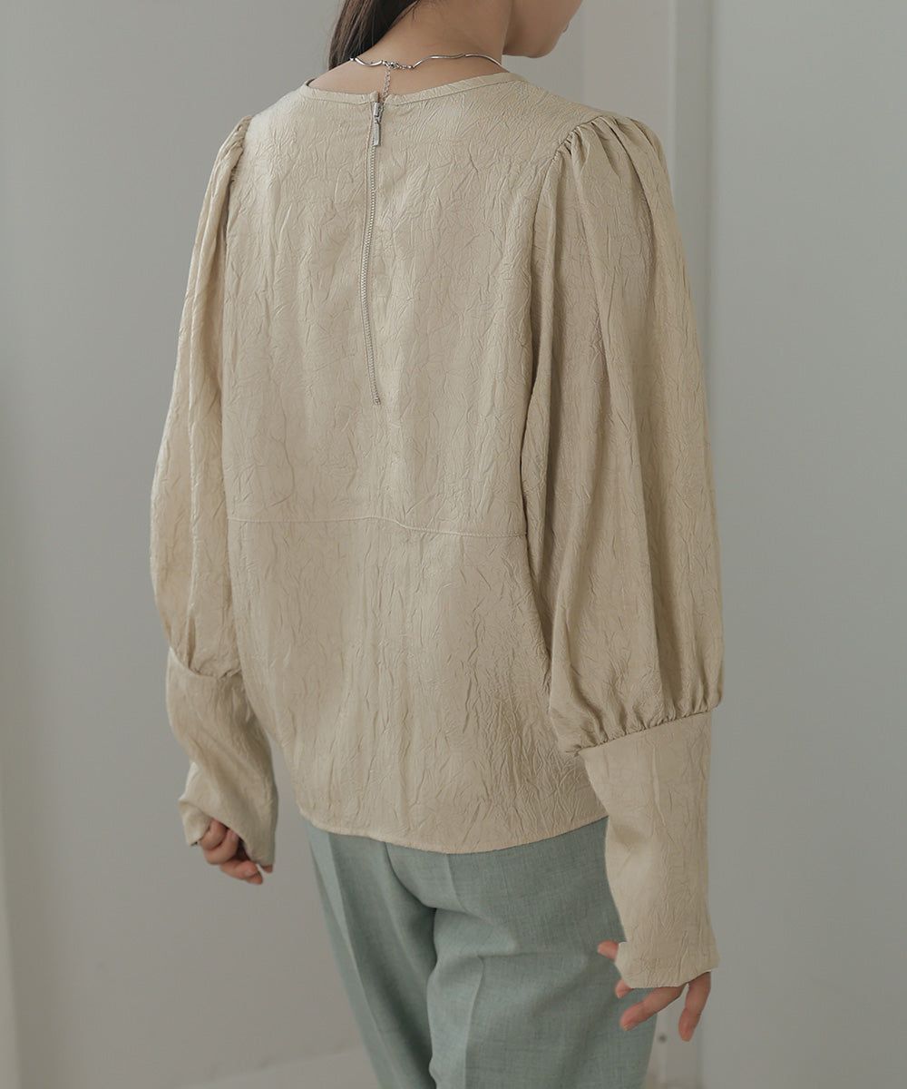 日本 Bab - 光澤感抽繩泡泡袖上衣-香檳