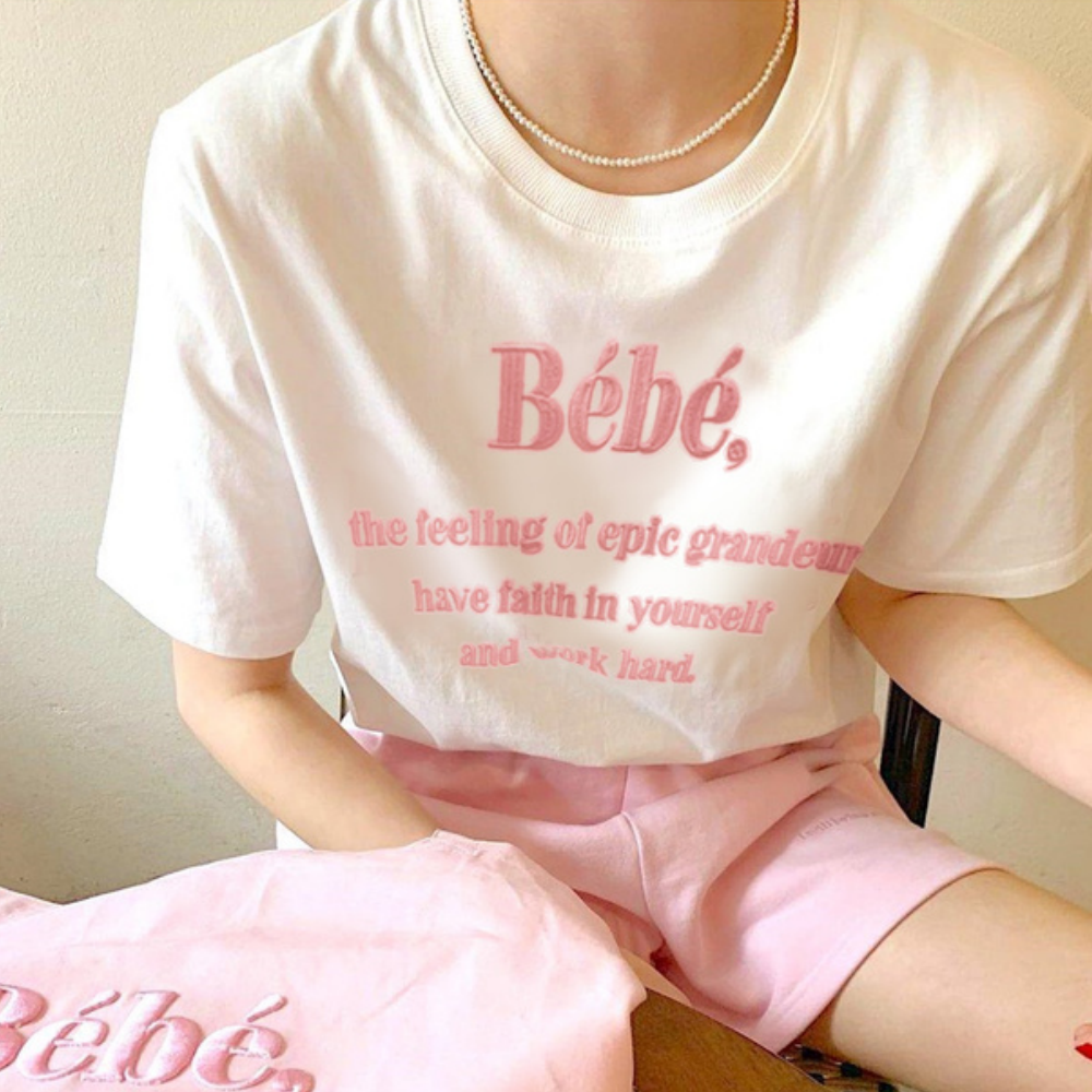 棉混百搭印花短袖上衣-Bebe-白 (F)