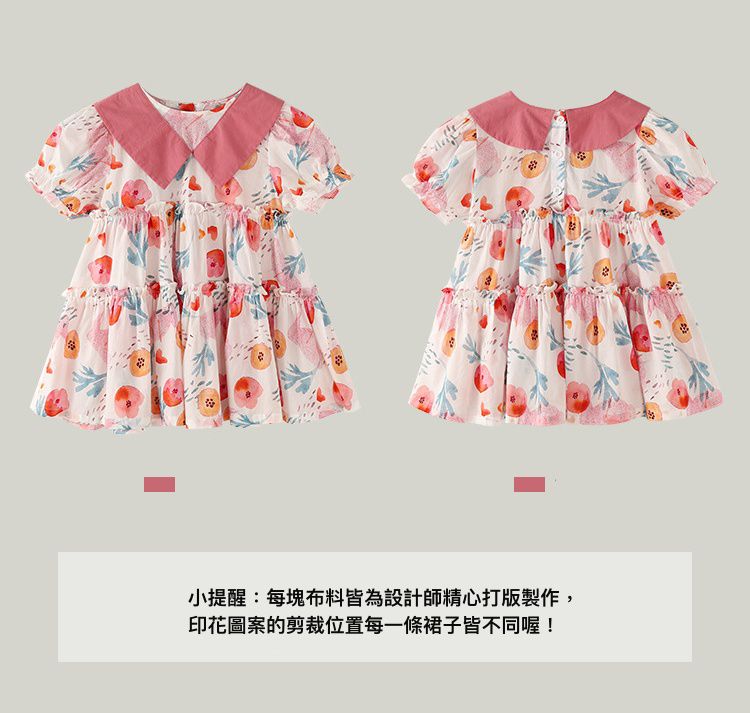 純棉公主袖連身洋裝-繽紛花花-粉+白