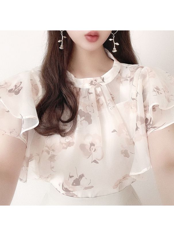 日本 GRL - 清新碎花雪紡荷葉袖上衣-淺水藍 (F)