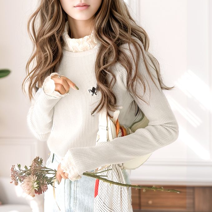 日本 Classical Elf - [必收]logo刺繡羅紋百搭長袖上衣-煙燻藍