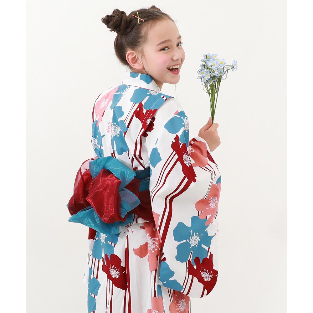 日本 devirock - 上下穿搭式浴衣華麗4件組-繁盛花朵-紅藍