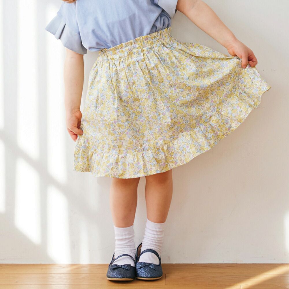 日本 evercloset - 小清新印花鬆緊圓裙(有打底褲)-小花-黃
