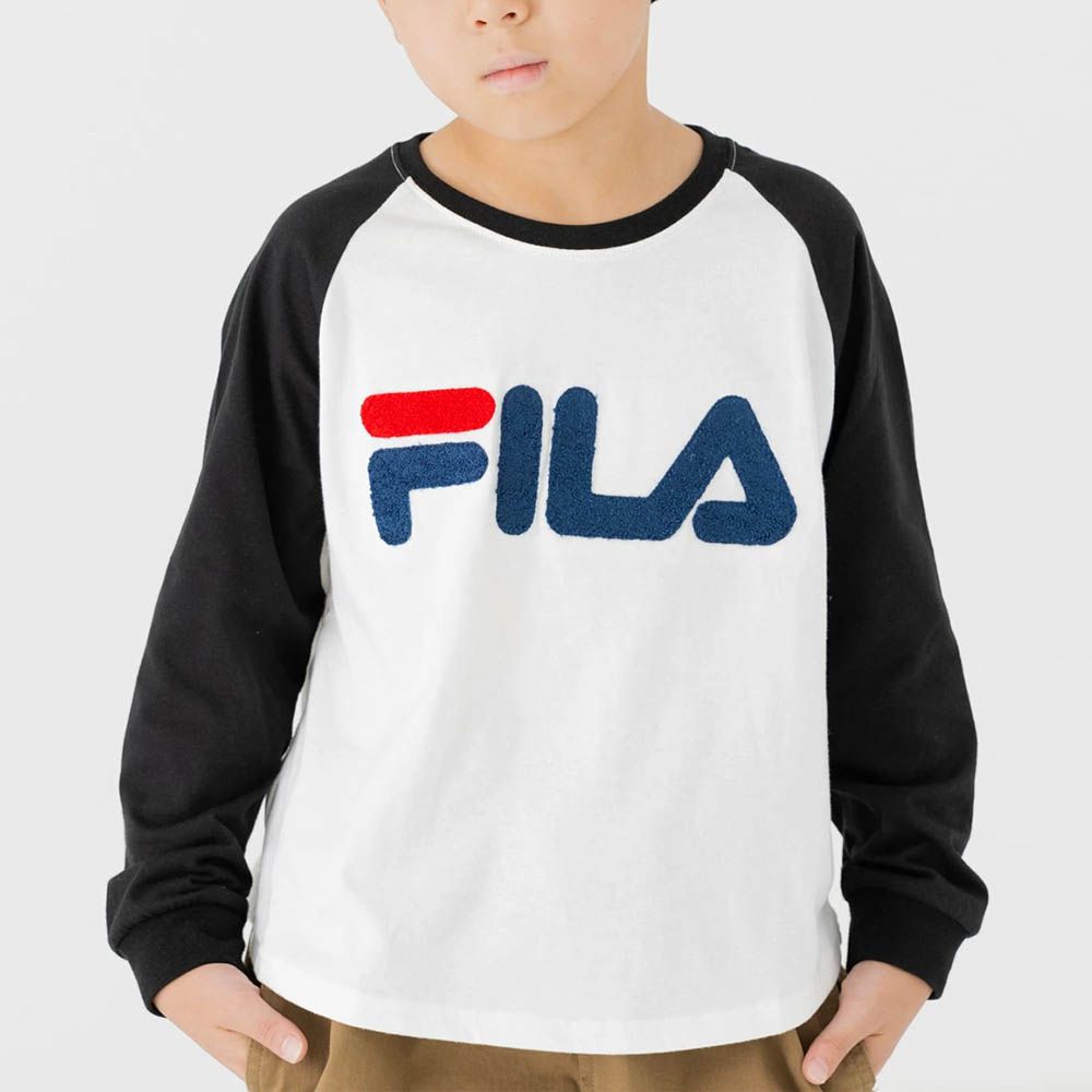 FILA聯名 品牌刺繡長袖上衣-袖子撞色-白X黑