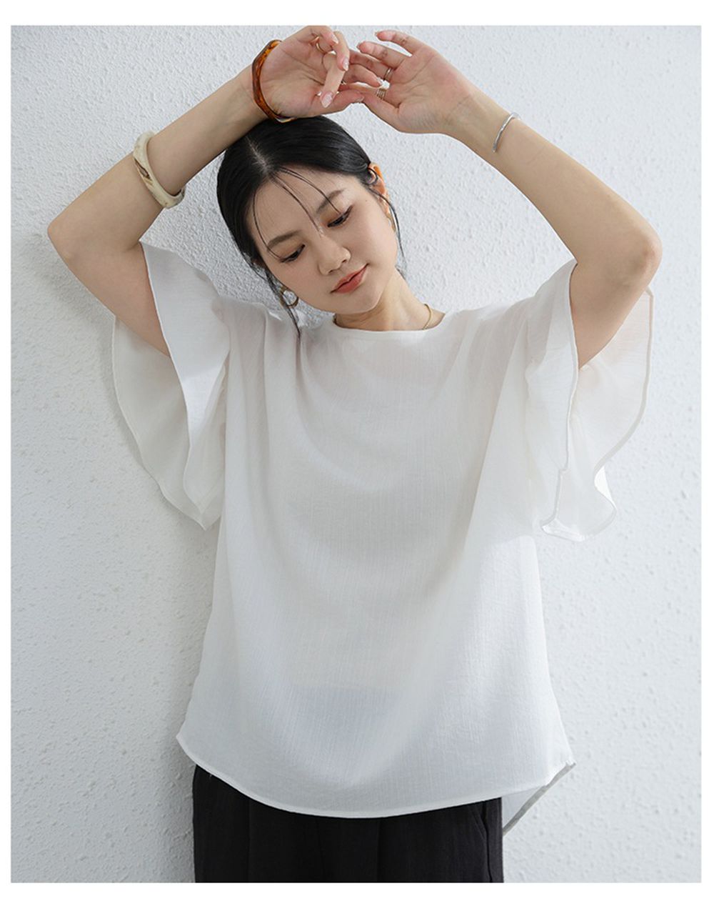 簡約優雅寬袖上衣-荷葉款-白色 (F)
