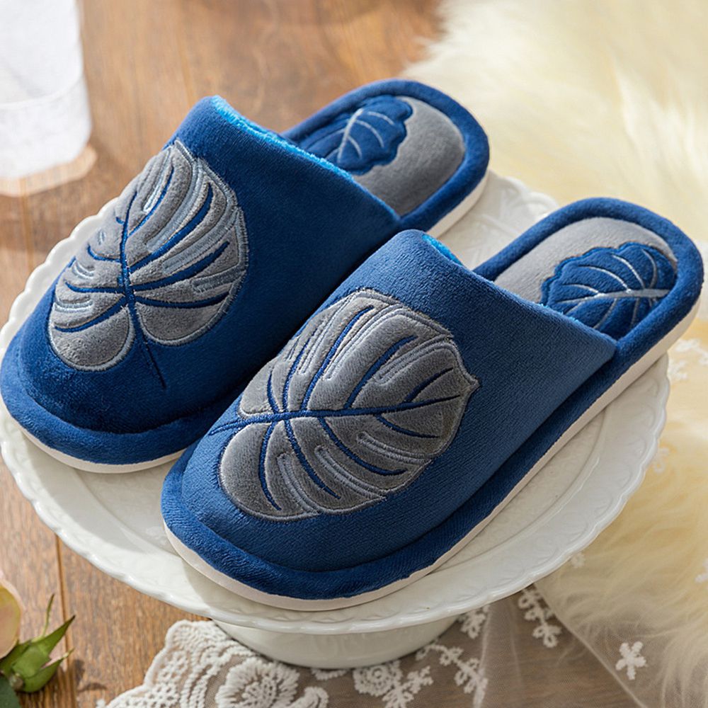 防滑保暖棉拖鞋-藍葉
