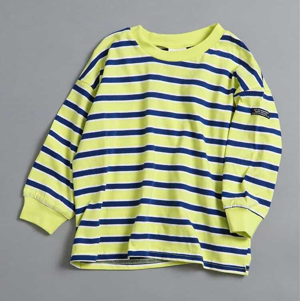 100%棉 定番款縮口長袖上衣-藍條紋-黃