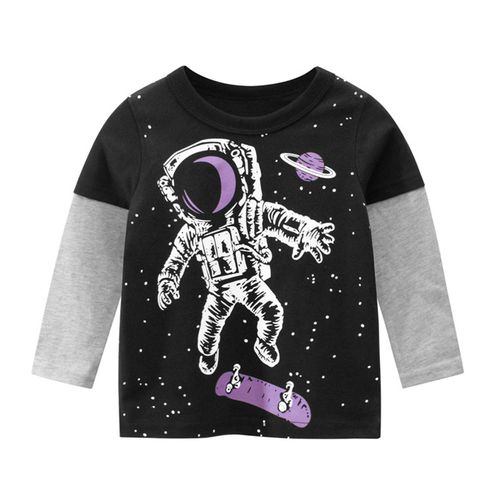 27KIDS - 純棉長袖上衣-漫畫風太空人-黑色