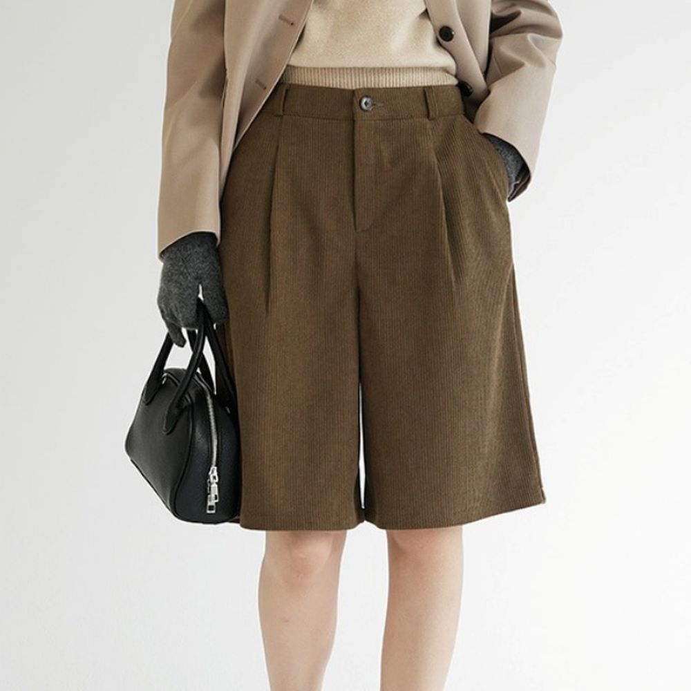 Domingoblue 後鬆緊腰質感燈芯絨五分褲-棕