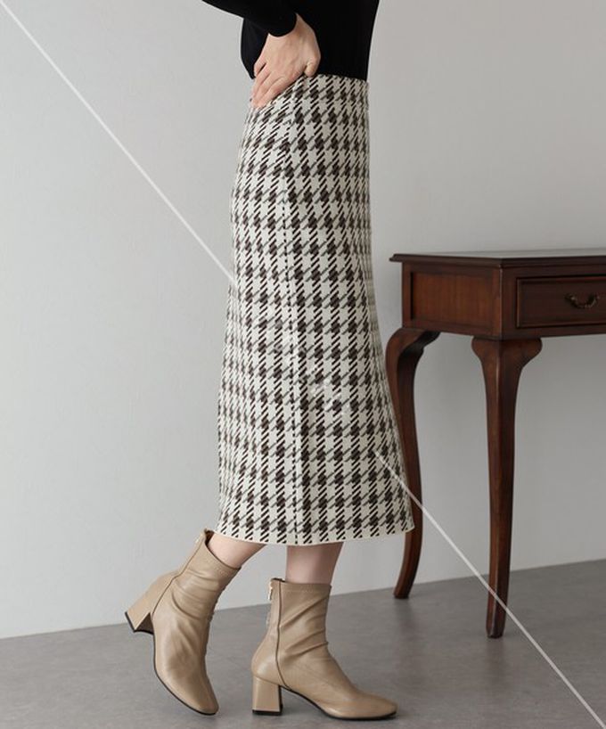 日本 BLUE EAST - 氣質千鳥格針織開叉合身長裙-黑灰