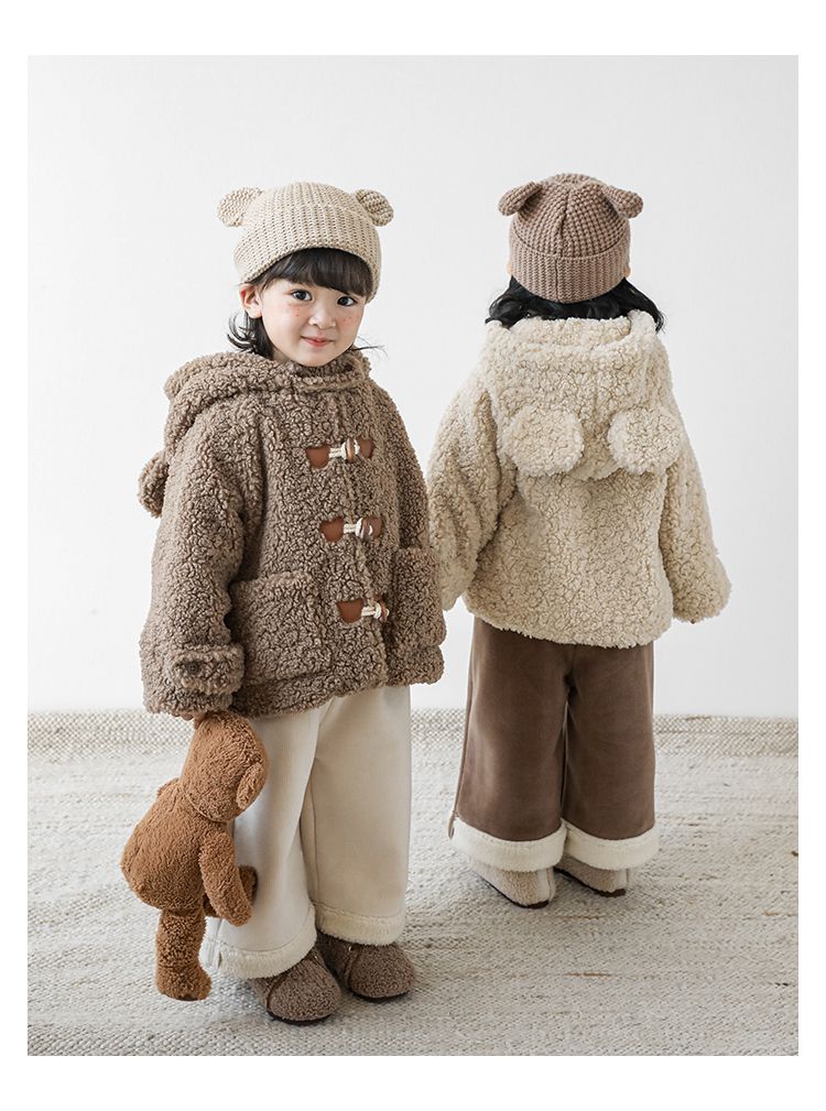 TONGMO - 立體造型羊羔絨牛角釦連帽外套-熊耳朵-米色