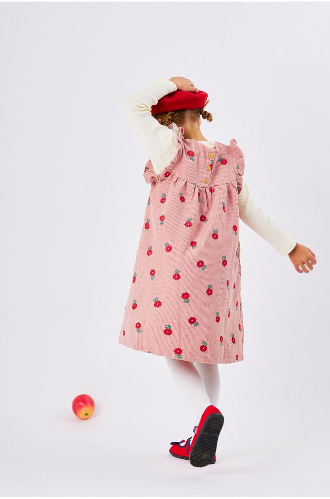 韓國 OZKIZ - 紅花印燈芯絨圓領背心洋裝-暗粉