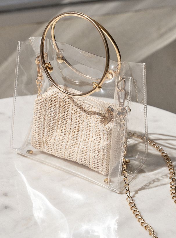 日本 GRL - 金屬圓環把手透明子母手提包/側背包-杏 (F)