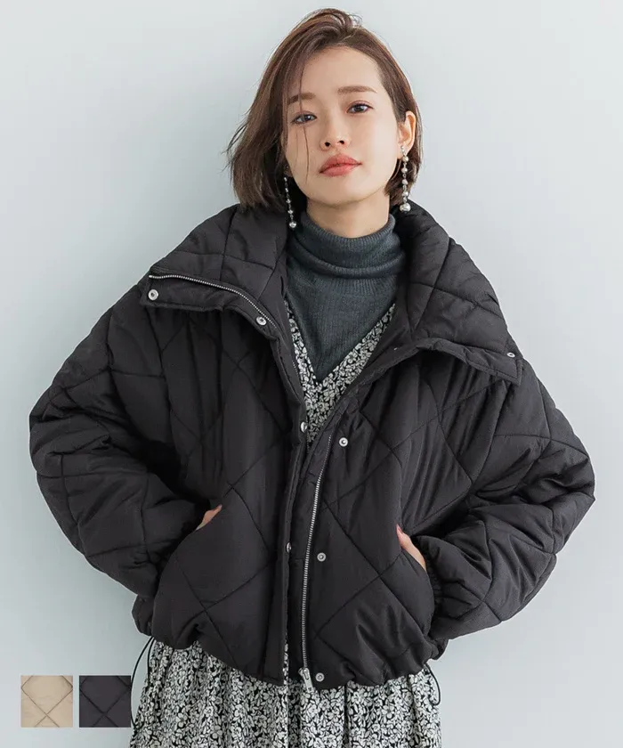 日本 COCA - 菱紋衍縫翻領鋪棉短版外套-氣質米