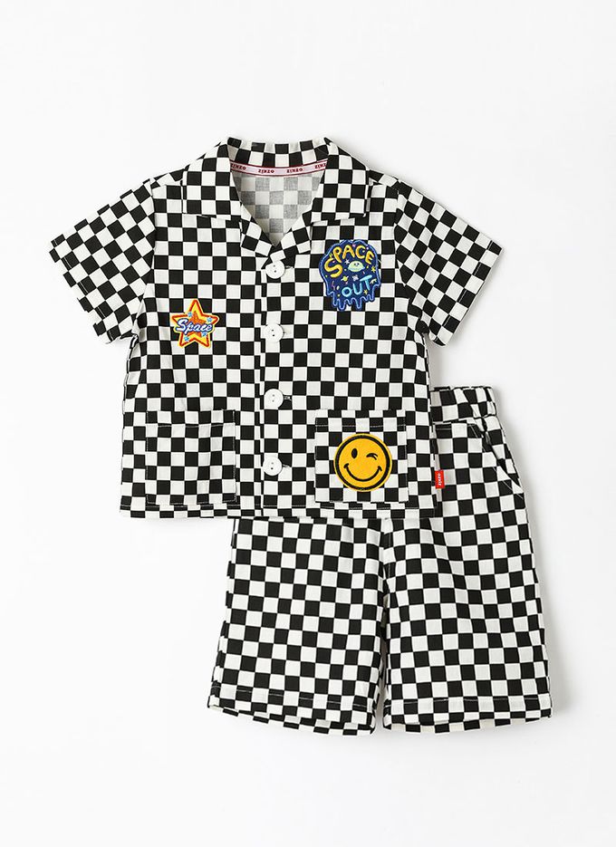 韓國 OZKIZ - 圖章點綴格紋短袖套裝-綠