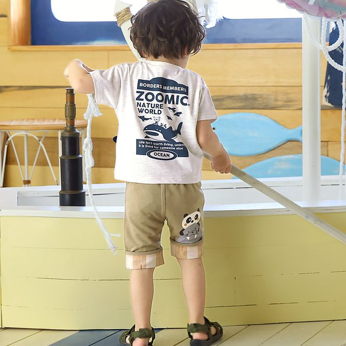 日本 ZOOLAND - 海洋印花短袖上衣-鯨魚口袋-淺灰