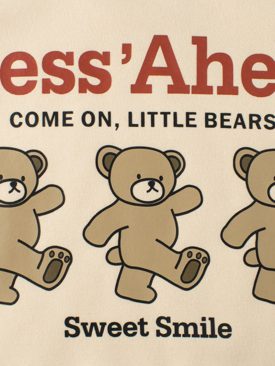 (大童)加絨圓領長袖上衣/大學T-熊熊散步-黑+杏