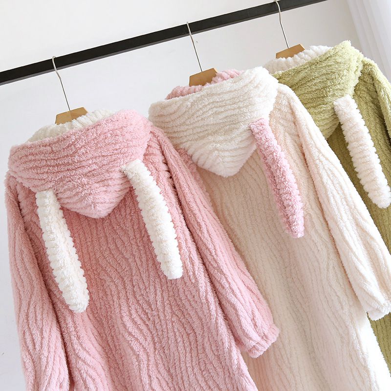 法蘭絨造型暖暖連身睡袍-兔子耳朵-米白色