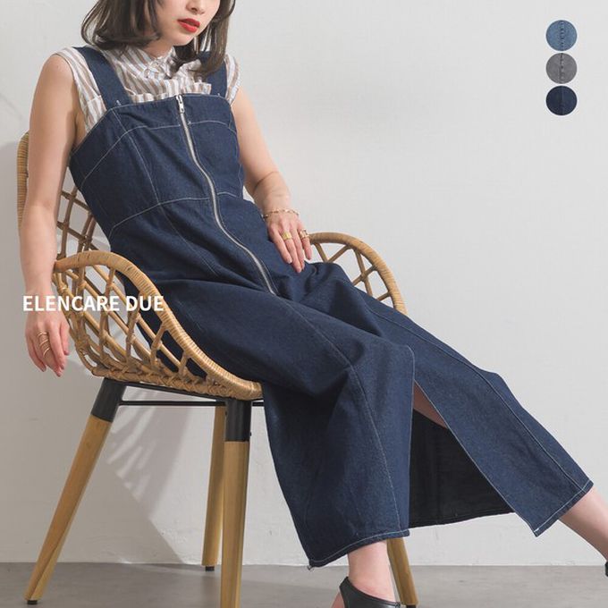 日本 ELENCARE DUE - 輕量8oz雙拉鍊開叉丹寧風吊帶洋裝-淺藍