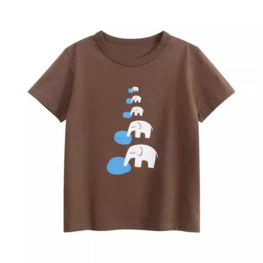 純棉短袖上衣-大象喝水-咖啡色