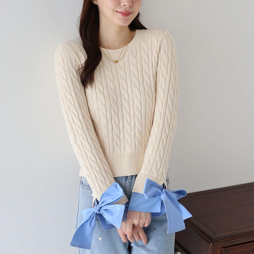 亮麗蝴蝶結緞帶袖麻花針織上衣-象牙白