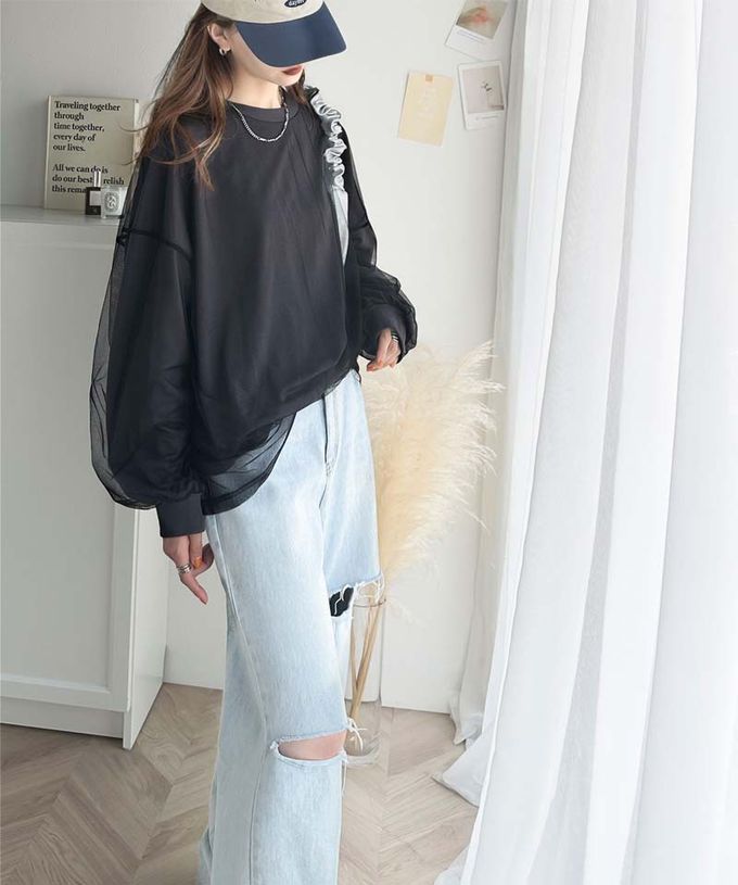 日本 Classical Elf - Java 透膚薄紗層次上衣-背後標籤印花-燕麥灰