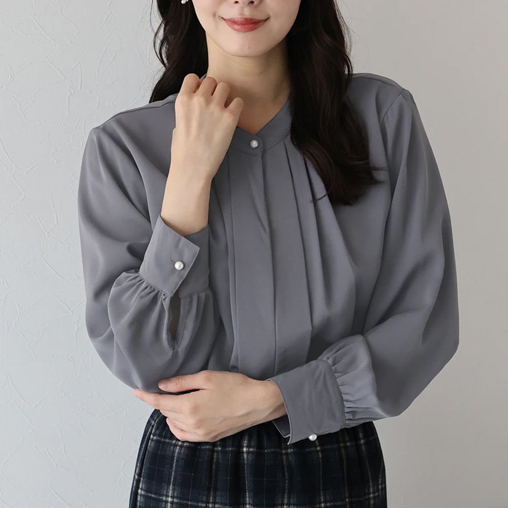 2way領知性整潔感打褶長袖上衣-珍珠袖扣-炭灰