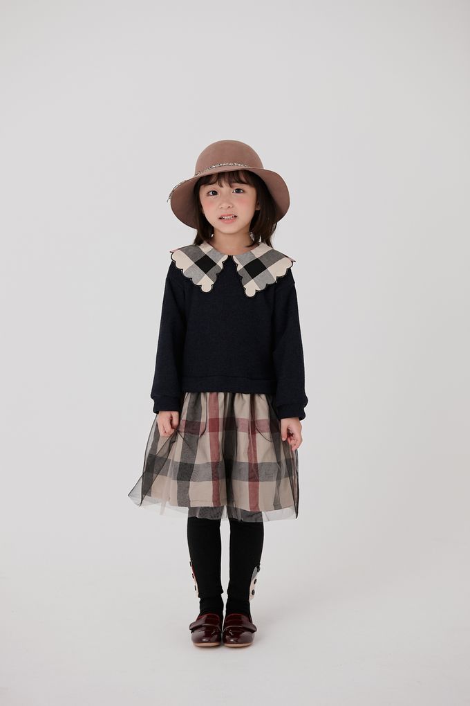 韓國 Coco Bang - 假兩件格紋拼接網紗洋裝-黑藍