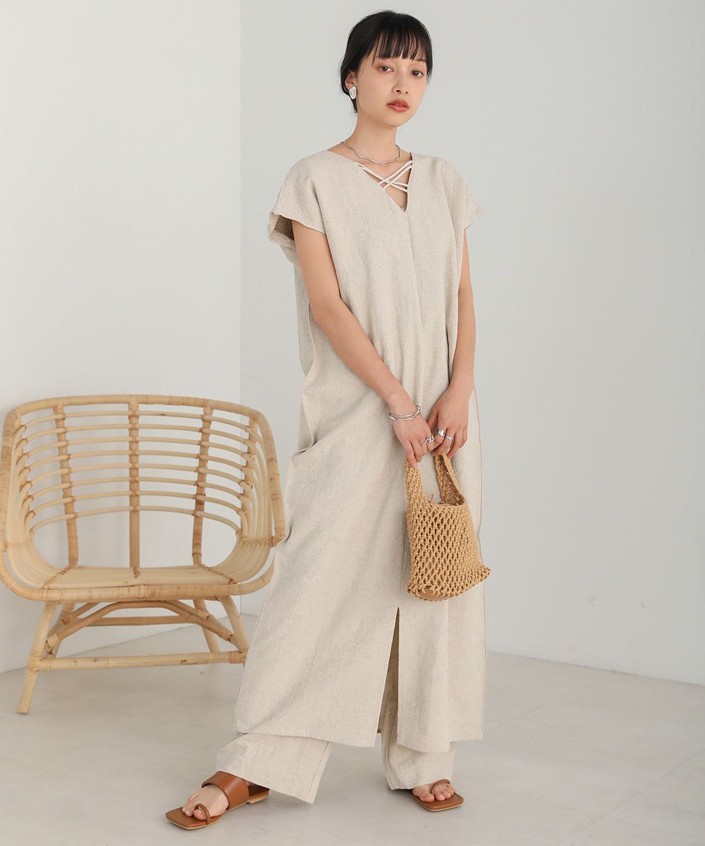 日本 Bab - 2WAY質感棉麻法式袖洋裝-米杏