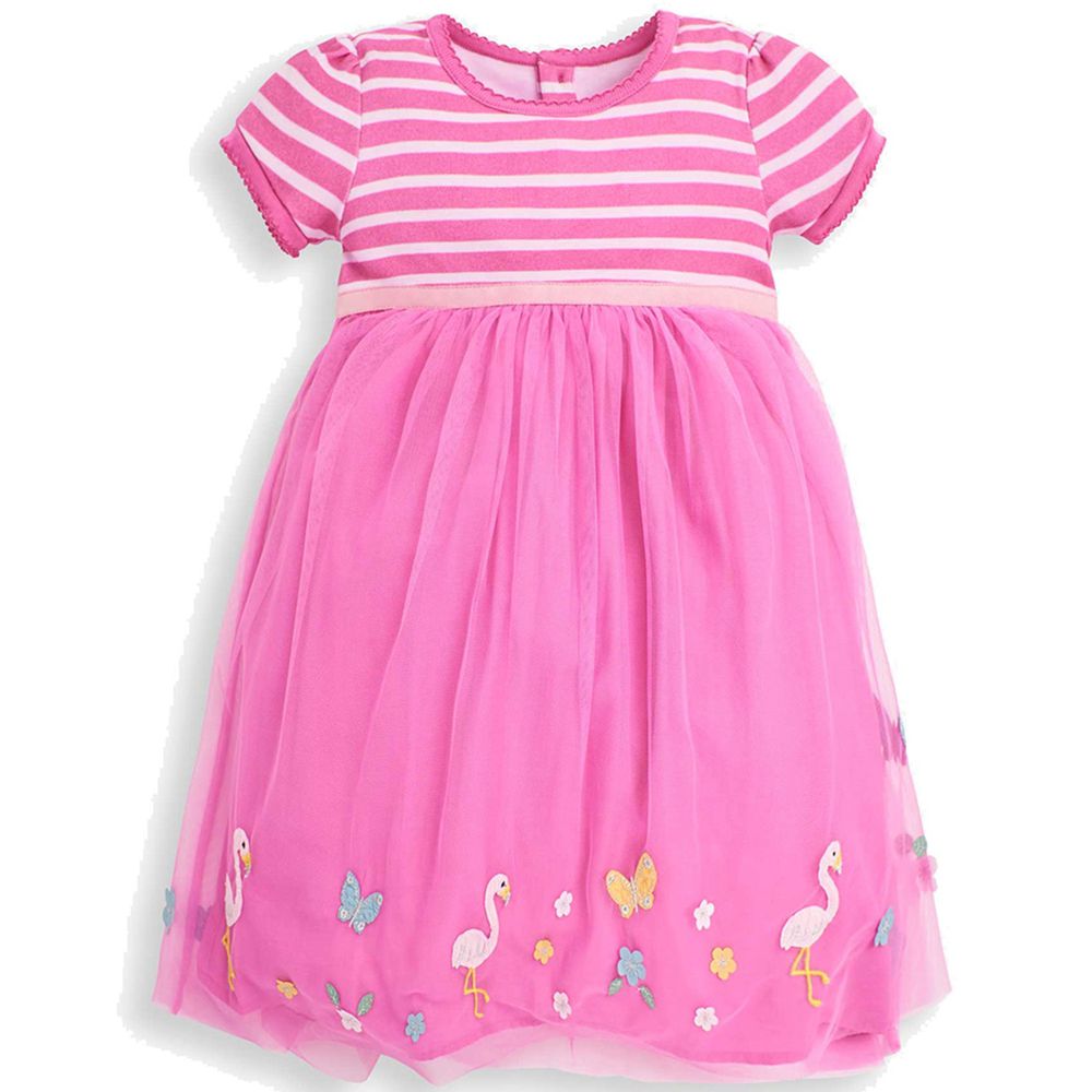 英國 JoJo Maman BeBe - 超優質嬰幼兒/兒童100％純棉薄紗短袖洋裝-粉紗花園